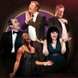 A compostie photo of three mean and two women, all dressed in formal clothing, are gesturing or singing theatrically.